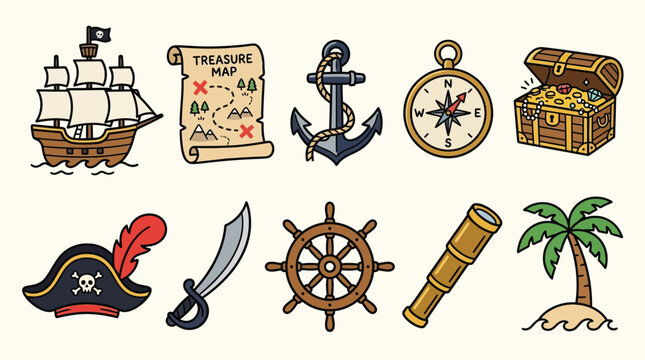 Vibrant cartoon pirate elements for daring sea voyages and treasure hunts