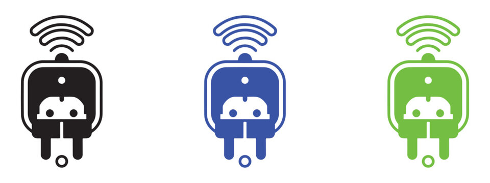 Wireless smart plug icon set with signal waves in different colors