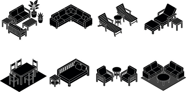 Isometric patio outdoor furniture black silhouette vector set featuring garden sofas lounge chairs dining table courtyard living arrangement icons