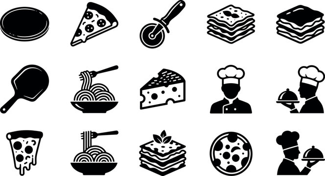 Italian food and pizzeria black silhouette vector icon set featuring pizza spaghetti pasta lasagna chef cheese and kitchen utensil graphics