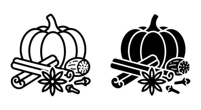 Autumn Spice Vector Icons: Pumpkin, Cinnamon, Star Anise, Nutmeg, Cloves, Fall Harvest
