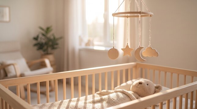 A cozy and serene nursery room featuring a wooden crib with a teddy bear nestled inside. Sunlight streams through the window, creating a warm and inviting atmosphere