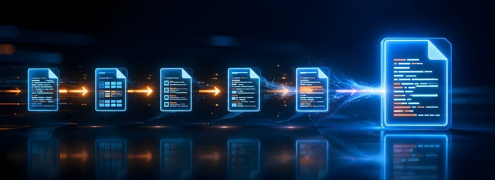 Digital document processing pipeline with glowing electronic files transforming in a sequential workflow representing automated data management
