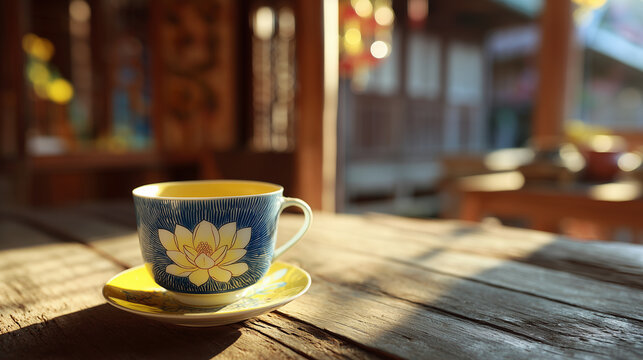 Lotus tea cup in soft sunlight, traditional wooden house blurred behind, Vietnam vacation 