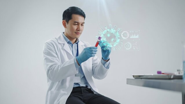 Scientist holding sample with holographic virus model in laboratory