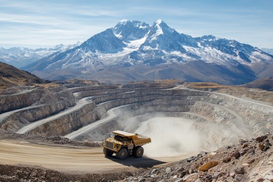 Massive open pit mine with mining truck and mountain backdrop