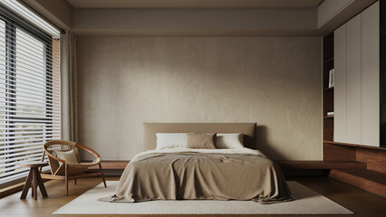 The bedroom interior mock up, minimal bed on empty concrete wall background and wardrobe, Scandinavian style, japanese style, wabi sabi, hotel bedroom, 3d render © teeraphan