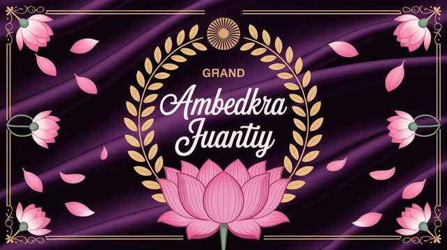 Grand ambedkar juantiy banner with a large pink lotus, golden laurel wreath, ashoka chakra, and falling petals on purple silk fabric
