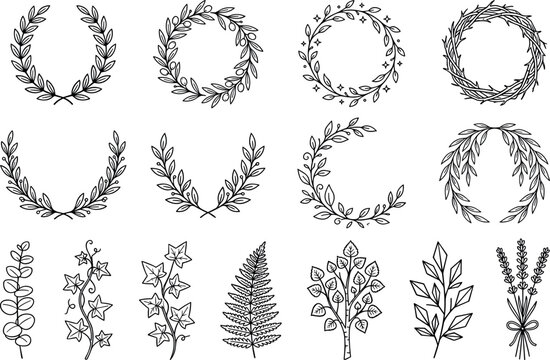 Laurel wreath floral branch line icon set hand drawn leaf frame olive branch wedding monogram crest banner vector illustration template.