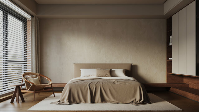 The bedroom interior mock up, minimal bed on empty concrete wall background and wardrobe, Scandinavian style, japanese style, wabi sabi, hotel bedroom, 3d render