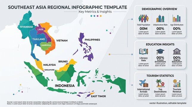 Southeast Asia Map Infographic Template with Demographic and Economic Data Charts