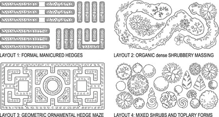 Architectural site plan elements featuring formal hedges, organic shrubbery massing, © DolanAktar
