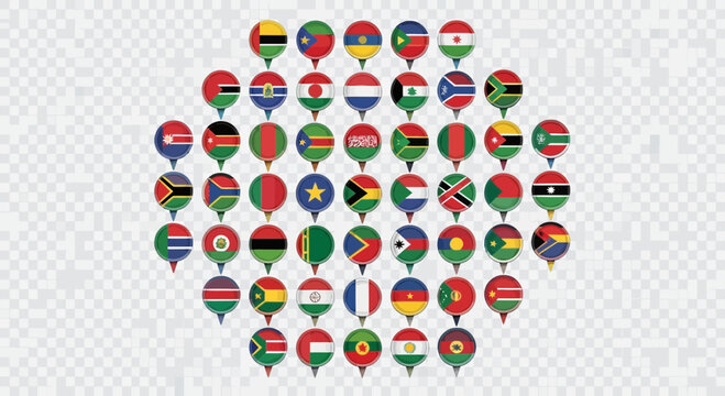 Collection of african flags displayed on circular pins on a transparent background