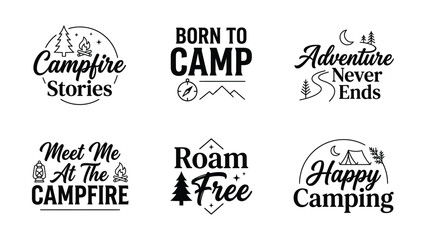 Camping and adventure slogans with campfire and tent elements vector silhouette isolated on white background © Sumaiya