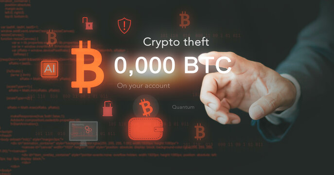Hand reaching virtual screen with crypto theft and cryptojacking icons. Concept of bitcoin hacking risk, zero balance wallet, quantum computing threat, and cyber security breach.