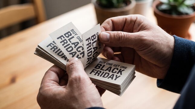 A person is looking at a stack of cards with BUY ONE GET ONE BLACK FRIDAY printed on them. The hands are holding the cards with the text visible in the foreground, and in the background.