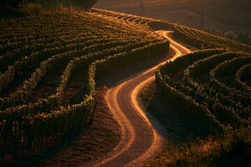 Fototapeta premium Glowing path winding through a hillside vineyard