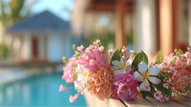 Tropical flower crown detail, luxury bungalow blur behind, Maldives vacation 