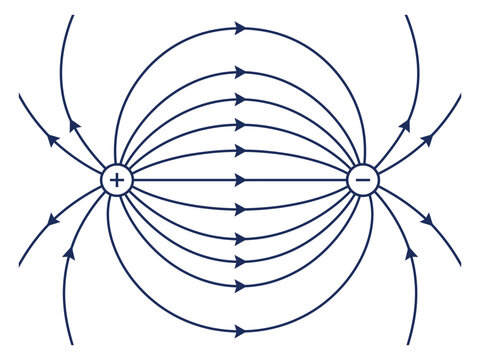 Electric field lines diagram between positive and negative charges with electric positive negative electricity magnetism scientific electromagnetic attraction education potential research