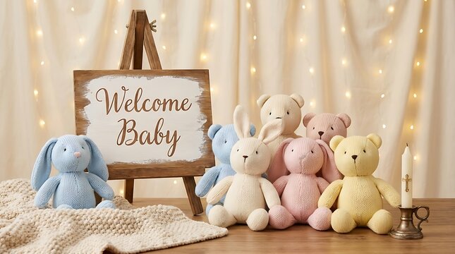 Adorable baby shower decoration featuring cute stuffed bunny and teddy bear toys on a wooden easel with a "Welcome Baby" sign and soft fairy lights in the background for a festive celebration