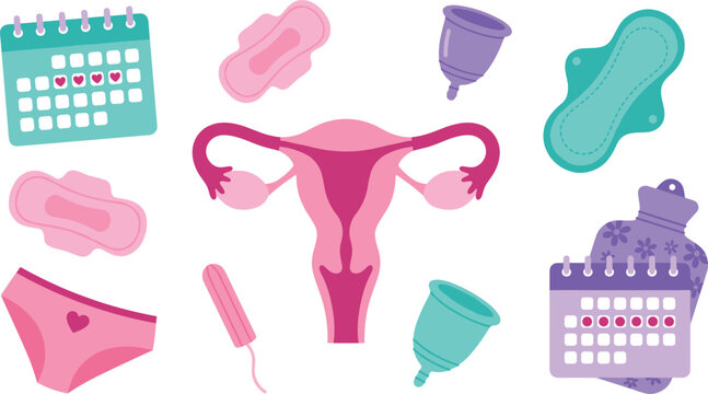 Menstruation and female hygiene icon set with uterus calendar sanitary pads menstrual cups tampon and hot water bottle vector