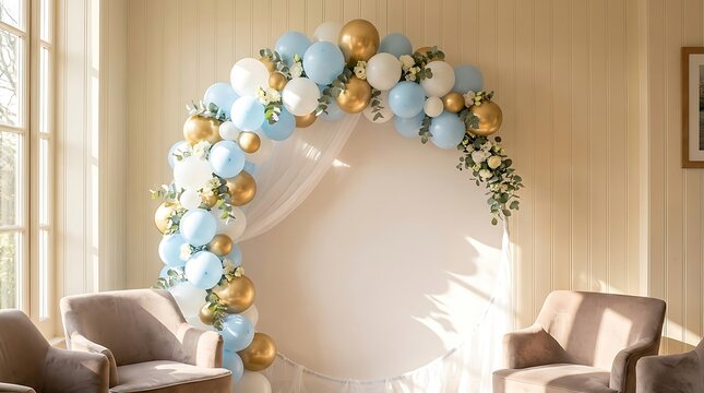 Elegant balloon arch decorated with blue, white, and gold balloons, and fresh greenery, creating a stunning backdrop for events and celebrations