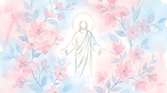Luminous spiritual figure bathed in light, embraced by delicate watercolor flowers in soft pink and blue, symbolizing peace, hope, and divine serenity