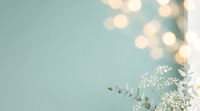 Soft focus background with delicate white flowers and bokeh lights, creating a serene and elegant atmosphere for design projects and celebrations