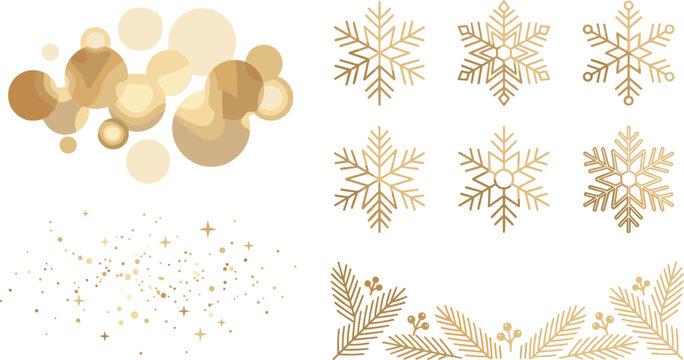 Golden Christmas Element Set with Elegant Metallic Snowflakes, Sparkling Star Dust Confetti, Festive Pine Branch Borders, and Soft Light Bokeh Clusters