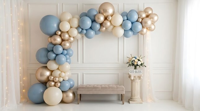 Serene blue, beige, and metallic gold balloon arch decoration, forming an elegant and festive backdrop. Perfect for sophisticated celebrations, memorable events, or studio photoshoots