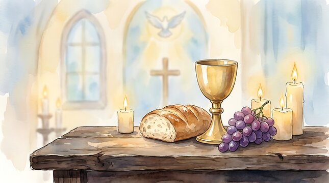 Sacred communion elements bread, wine, grapes, and candles on a wooden table in a church setting