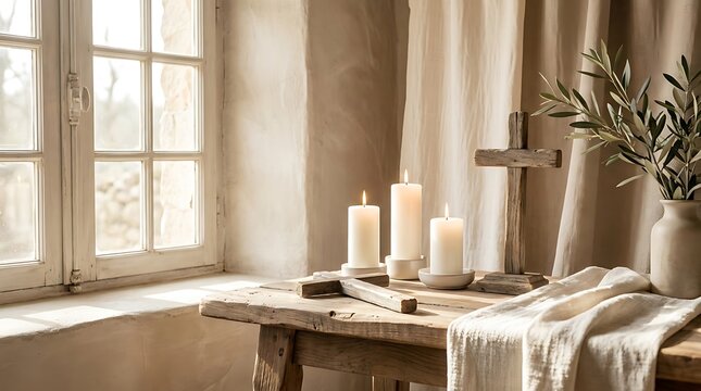Serene Still Life Composition Featuring Lit Candles and Olive Branch in Rustic Setting
