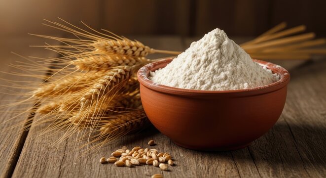 A clay bowl filled with white wheat flour placed on a rustic wooden table next to a bundle of golden wheat stalks and scattered grains of wheat