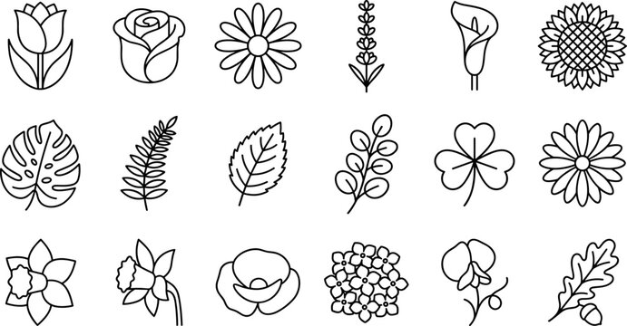 Minimalist Floral Line Art Icon Set Featuring Various Flowers and Leaves for Elegant Nature Logos, Botanical Branding, and Clean Graphic Designs