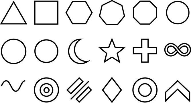 Minimalist geometric shapes line art vector icon set featuring triangle square hexagon star crescent moon cross and infinity symbols