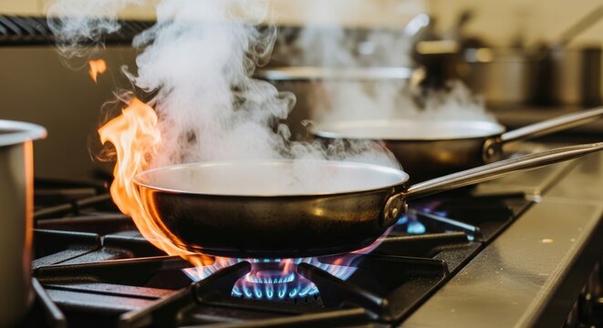 A metal frying pan on a gas stove burner with visible blue flames and smoke rising from the pan in a kitchen environment