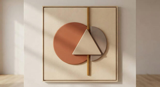 Abstract 3D geometric wall art composition with terracotta circle, triangle, and half-circle shapes on a neutral textured canvas