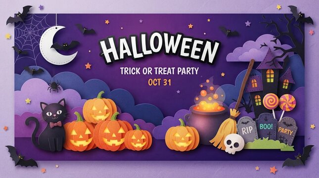 Purple Halloween party flyer template with glowing pumpkins bats and spooky night illustration festive event poster background for invitation social media banner and print design