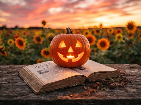 Glowing jack o lantern pumpkin in sunflower field with golden autumn sunset Halloween holiday background for greeting card poster banner social media and web design