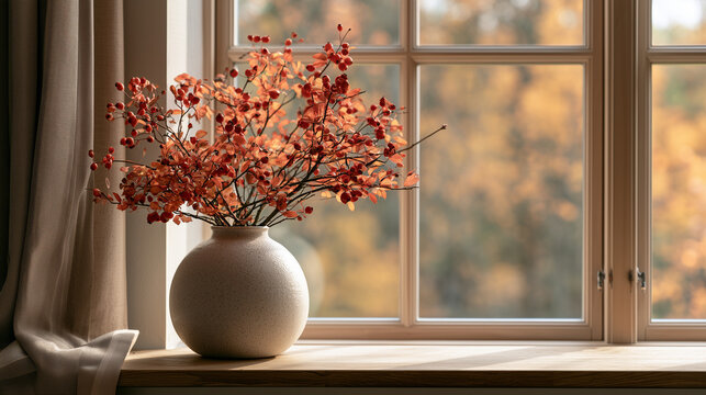 Single ceramic vase filled with autumn branches and berries on a wooden windowsill, soft forest view outside, Scandinavian home decor, cozy minimalist styling