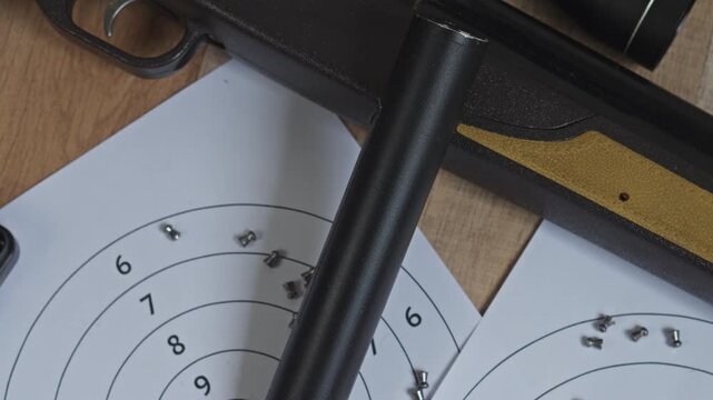 Composition of shooting gear featuring targets, ammunition, and firearm component on wooden surface video slow motion concept