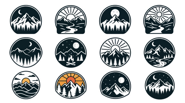 Collection of Mountain and Forest Landscape Badges with Sun and Moon Motifs.
