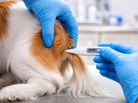 Veterinarian taking a dog's temperature rectally with a digital thermometer in a veterinary clinic 