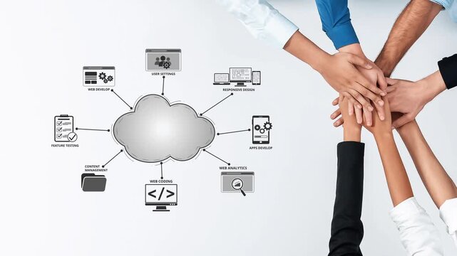 Engaging visual of diverse hands united over cloud computing icons, highlighting teamwork and collaboration in technology, digital services, and modern business strategies. Raster