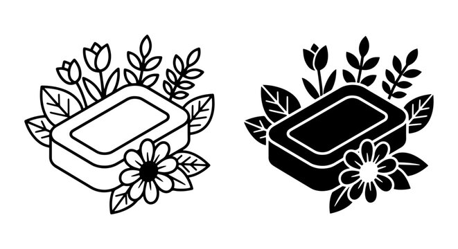 Bar Soap with Floral Elements, Natural Hygiene Icons, Clean Beauty Vector Art, Organic Skincare Graphics