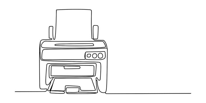 Continuous single line drawing of a modern office printer machine for document printing and paper scanning isolated on a plain white studio background Vector, illustration