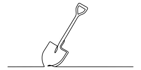 Continuous single line drawing of a garden shovel tool for digging in the dirt isolated on a white background for simple minimalist creative farm design Vector, illustration ©  MCB Vector