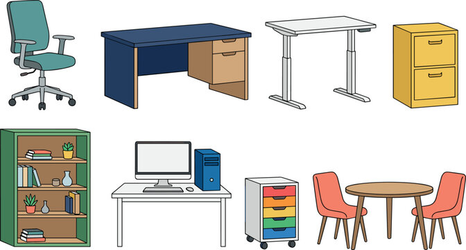 Modern office furniture vector icon set featuring ergonomic chair desks computer workstation bookcase filing cabinets and conference table layout