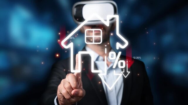 Man in Virtual Reality Headset Interacting with Digital House Icon and Decreasing Percentage Graph in Modern Technology Environment Sigmoid