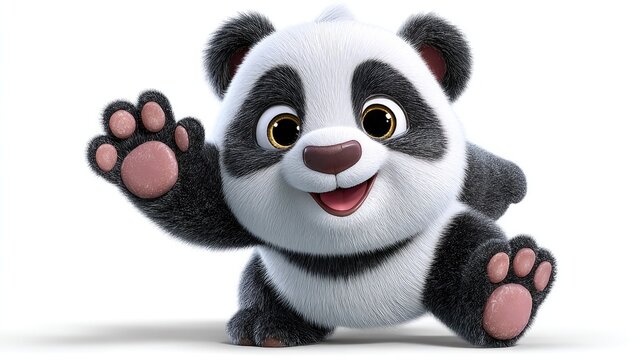 Cute Baby Panda Waving: A charming 3D illustration of a baby panda sitting and waving its paw, with a friendly smile and big, expressive eyes.